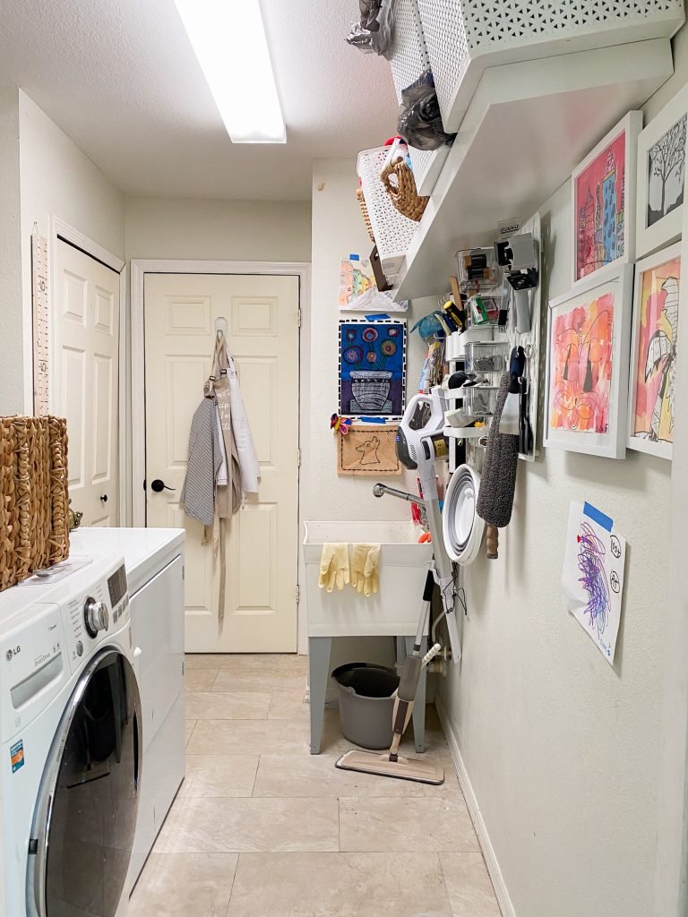 small laundry room makeover with green doors and wallpaper diy utility sink skirt from fitted bed sheet simple and minimalist 14 768x1024